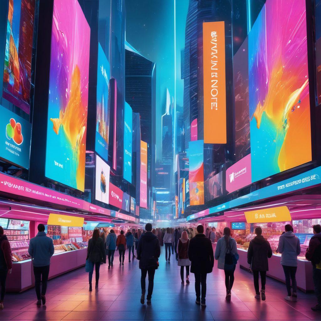 A vibrant marketplace bustling with futuristic stalls showcasing innovative technology and products, with people engaging with holographic displays and AI assistants. A backdrop of sleek buildings and floating advertisements creates a dynamic atmosphere, blending tradition and innovation. Bright colors highlight the sense of excitement and progress. super-realistic. vibrant colors. 3D.