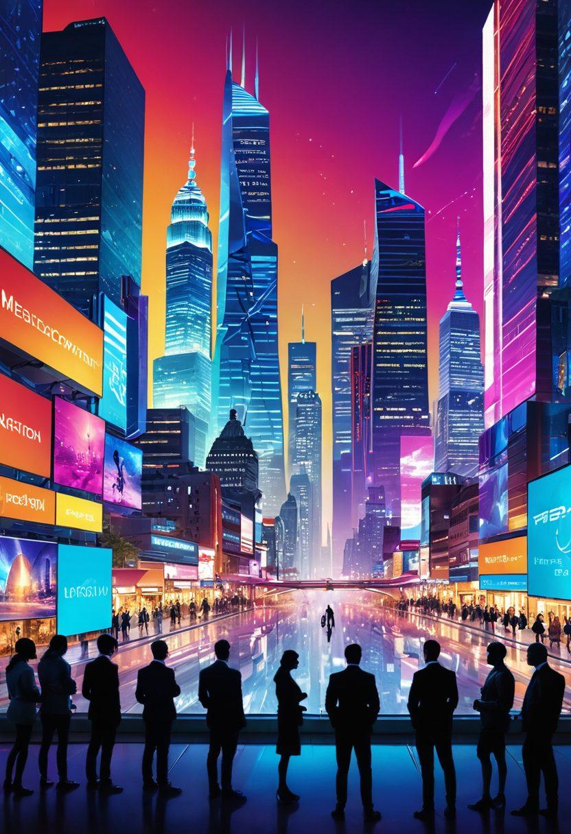 A dynamic scene showcasing a diverse group of individuals using innovative tools in a modern marketplace, symbolizing transformation. The backdrop features a blend of digital and traditional marketplace elements, with vibrant colors and a futuristic cityscape in the distance. Highlight Mercary's logo subtly integrated into the tools, depicting a sense of evolution and progress. The overall composition should evoke a sense of energy and collaboration. super-realistic. vibrant colors. futuristic.