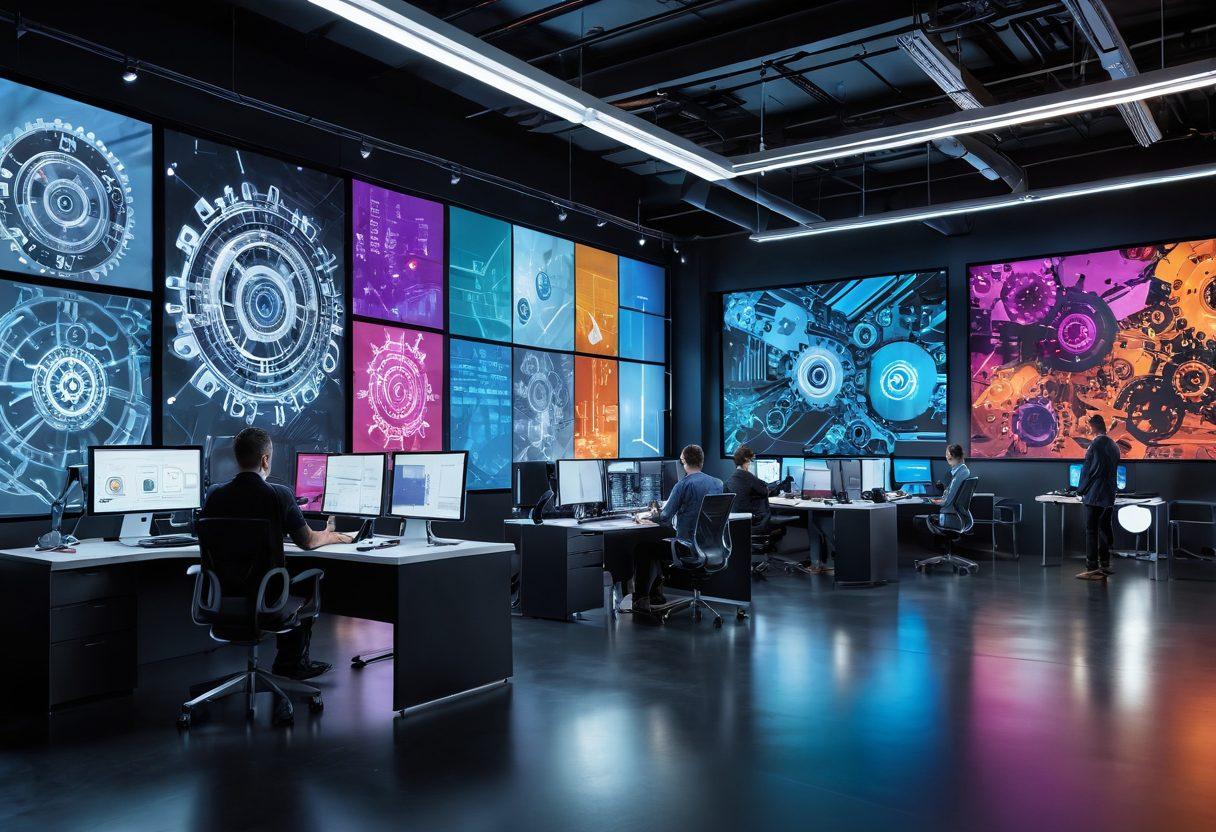 A dynamic and futuristic scene featuring diverse individuals collaborating in a high-tech workspace, surrounded by innovative tools and digital screens displaying concepts of potential and creativity. Visual elements like gears, lightbulbs, and abstract designs symbolize innovation, with a vibrant color palette reflecting optimism and possibility. The setting includes elements that suggest exploration and growth, such as an open window showcasing a bright future. super-realistic. vibrant colors. high-tech.